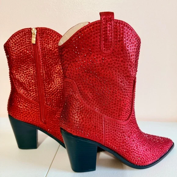 * Berness Sexy Red Rhinestones 3" Block Heel Cowboy Boots - Picture 7 of 10
